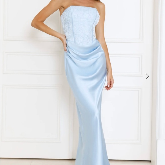 DRESSED TO DAZZLE STRAPLESS SATIN MAXI DRESS BLUE - Hello Molly - Picture 1 of 3
